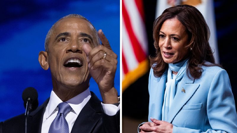 A sinistra l'ex presidente USA Obama, a destra la candidata Kamala Harris