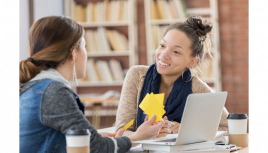 due ragazze studiano con l'aiuto delle flashcard