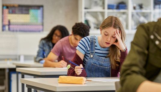 Ragazza che scrive un compito in classe