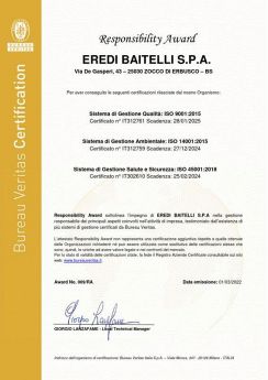 Responsibility Award per Sistema di Gestione Qualità ISO 9001:2015, Sistema di Gestione Ambientale ISO 14001:2015 e Sistema di Gestione Salute e Sicurezza ISO 45001:2018