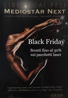 Settimana del Black Friday Laser Sconto del 20% sul 1^abbonamento di 6/8 laser Sconto del 25% sul 2^ abbonamento Ulteriore sconto del 5% se lo acquista anche un amica!