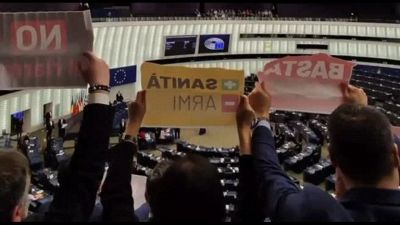 M5s alza i cartelli al Parlamento a Strasburgo: "Basta soldi alle armi"
