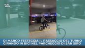 Dimarco festeggia il passaggio del turno girando in bici nel parcheggio di San Siro